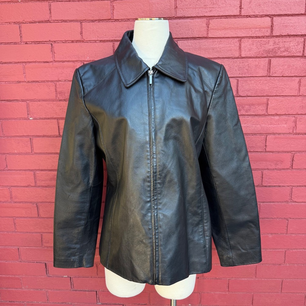 Vintage Y2K‎ Worthington Womens Black Genuine Leather Zip Up Jacket Large